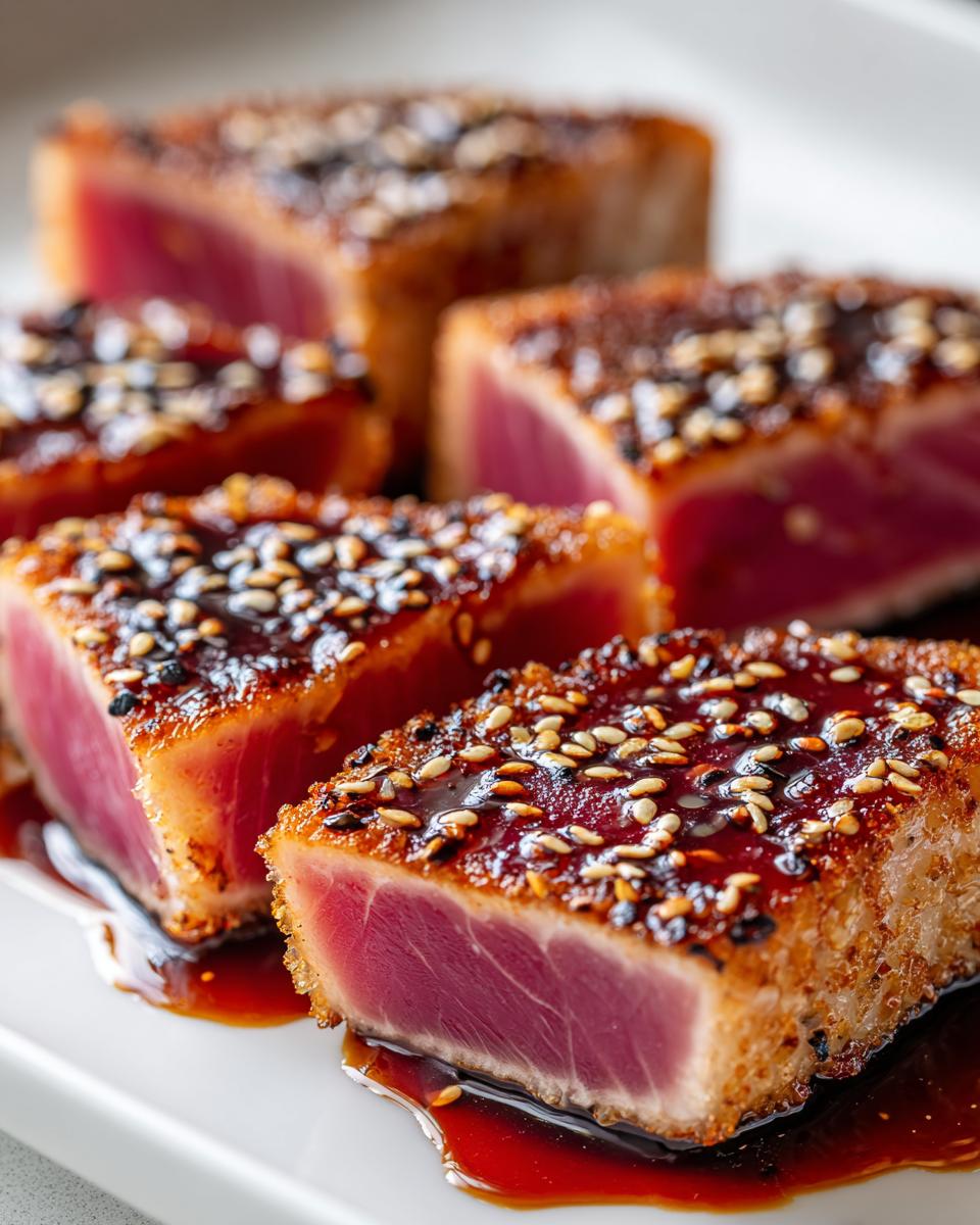 Close-up of sliced Seared Ahi Tuna with a honey glaze and sesame seeds on a white plate.