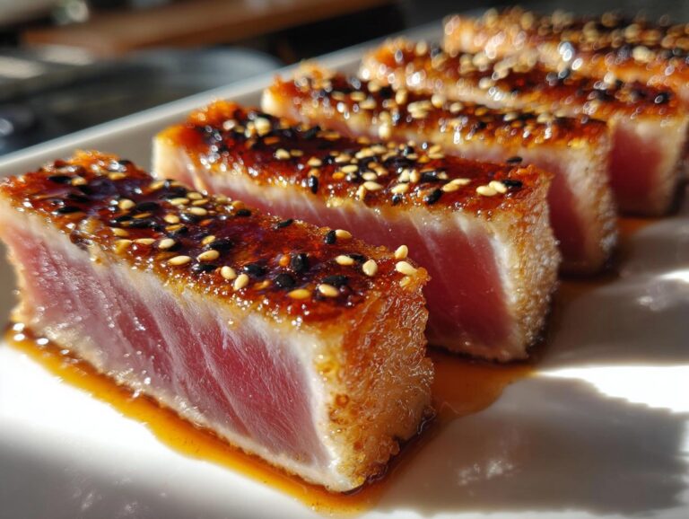 Close-up of sliced seared Ahi Tuna with a honey glaze and sesame seeds on a white plate.