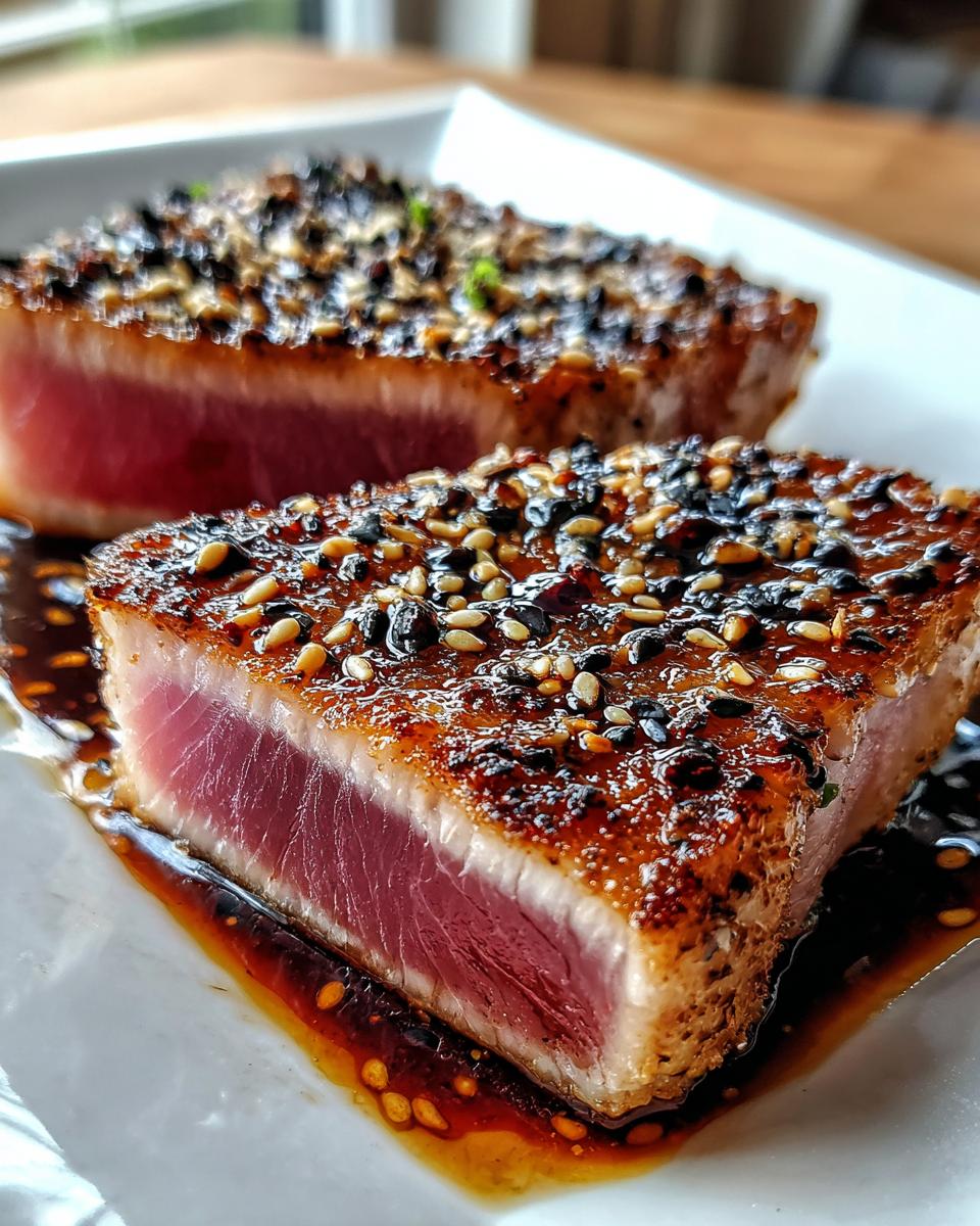 Two slices of perfectly seared ahi tuna, crusted with sesame seeds and drizzled with sauce.
