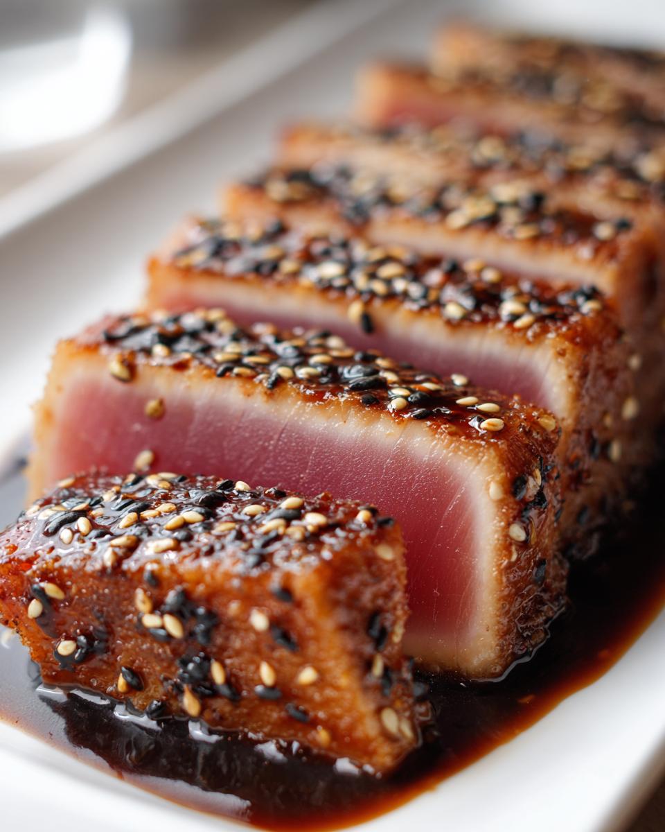 Close-up of sliced Seared Ahi Tuna with sesame seeds and a honey glaze on a white plate.