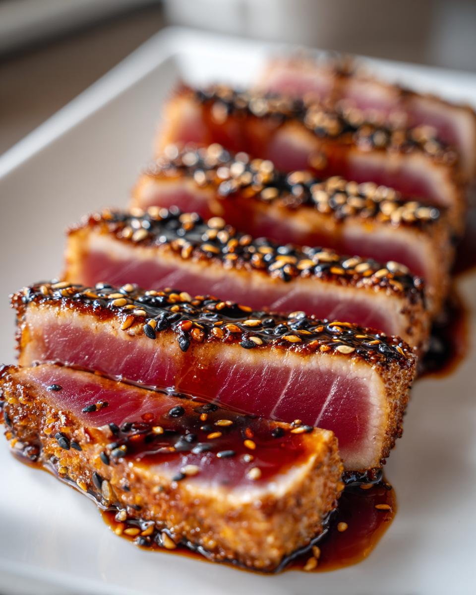 Close-up of sliced seared Ahi Tuna with sesame seeds and a honey glaze on a white plate.