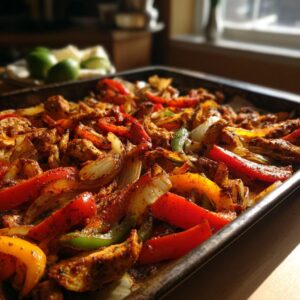 A sheet pan filled with freshly cooked sheet pan chicken fajitas, featuring colorful peppers and onions.