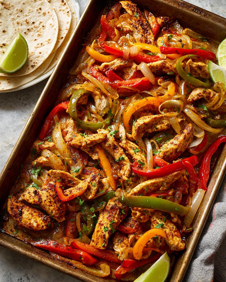 Overhead shot of sheet pan chicken fajitas with peppers, onions, and tortillas on the side.
