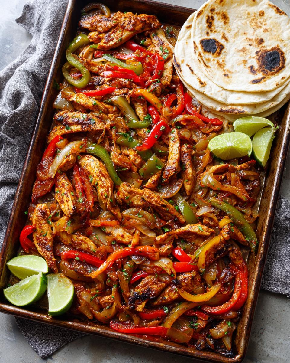 Overhead view of sheet pan chicken fajitas with peppers, onions, tortillas, and lime wedges.