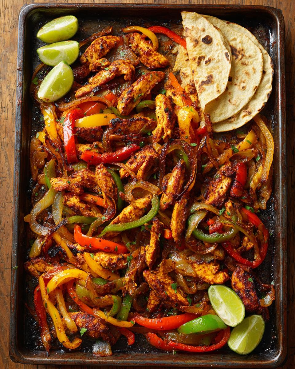 Overhead view of sheet pan chicken fajitas with sliced peppers, onions, tortillas, and lime wedges.