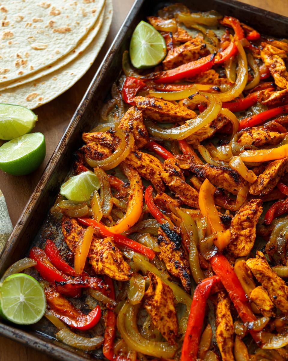 Overhead view of sheet pan chicken fajitas with colorful bell peppers, onions, and lime wedges.