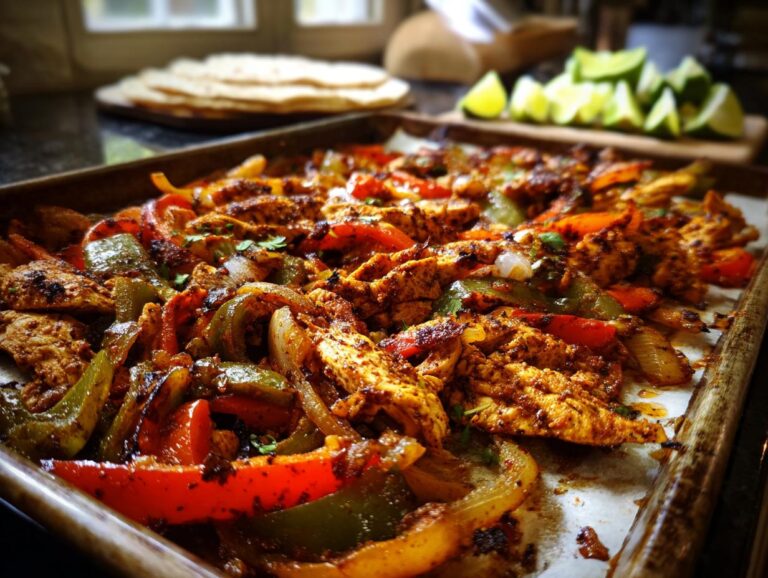 Freshly baked sheet pan chicken fajitas with colorful peppers, onions, and seasoned chicken, ready to be served with tortillas and lime.