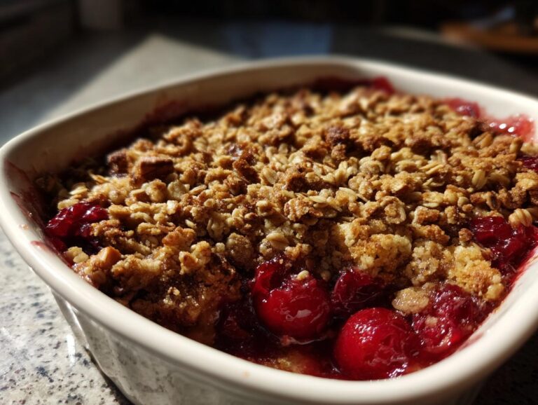 Close-up of a freshly baked sour cherry crisp with a golden brown topping in a white baking dish.