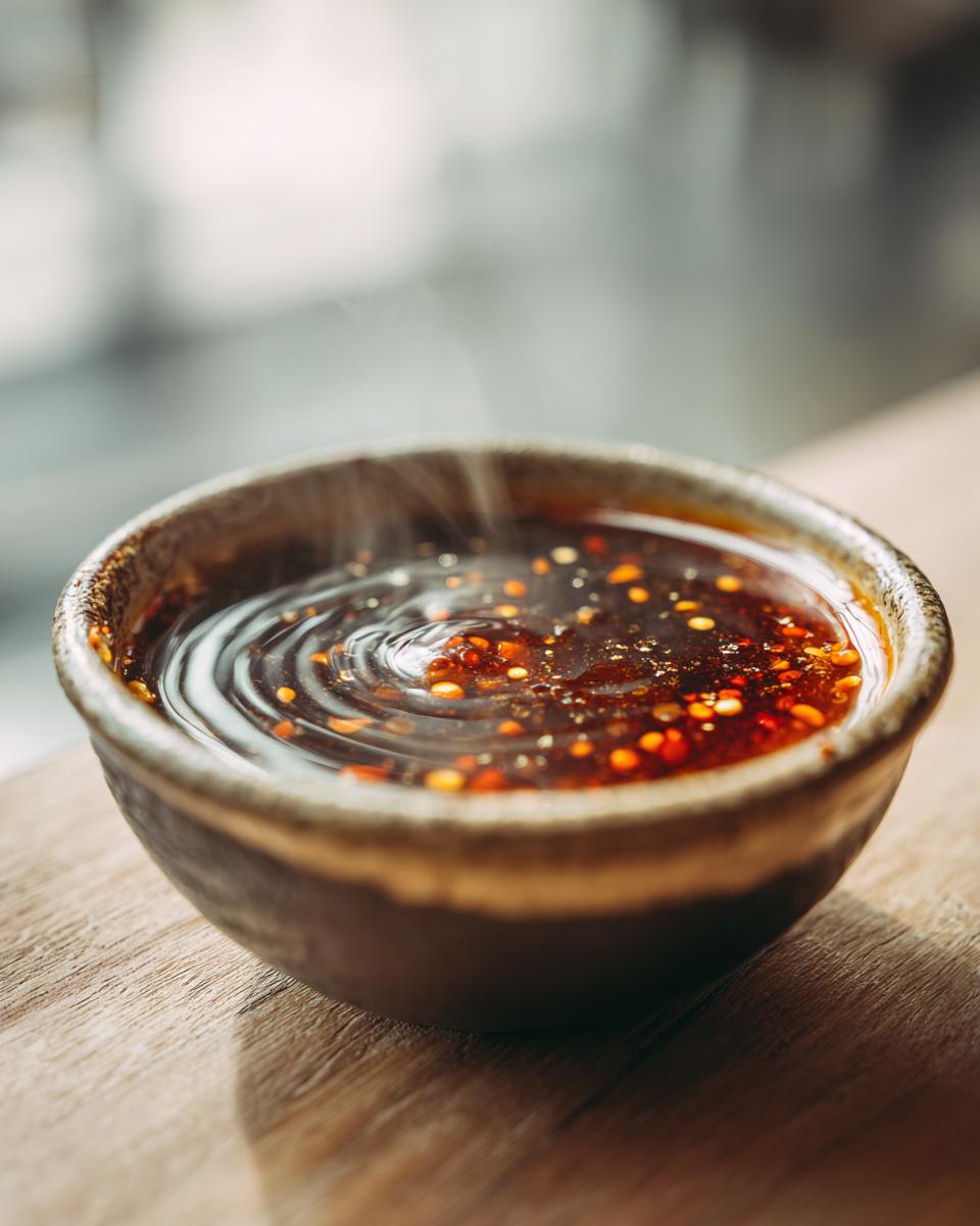 Close-up of spicy dumpling sauce in a small bowl, showing chili flakes and a ripple effect.
