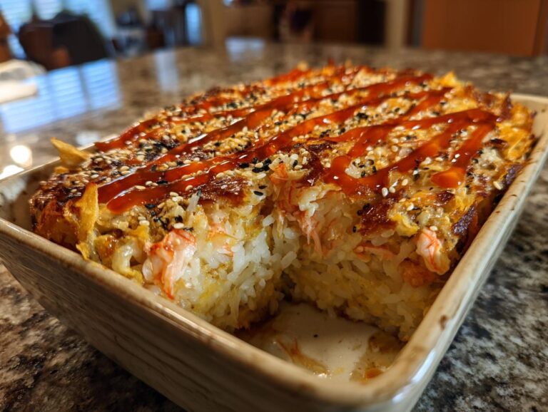 Close-up of a flavorful sushi bake casserole with rice, crab, sauce, and sesame seeds in a baking dish.