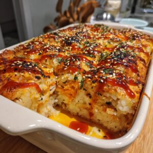 Close-up of a sushi bake casserole in a white baking dish, topped with sauce, sesame seeds, and herbs.