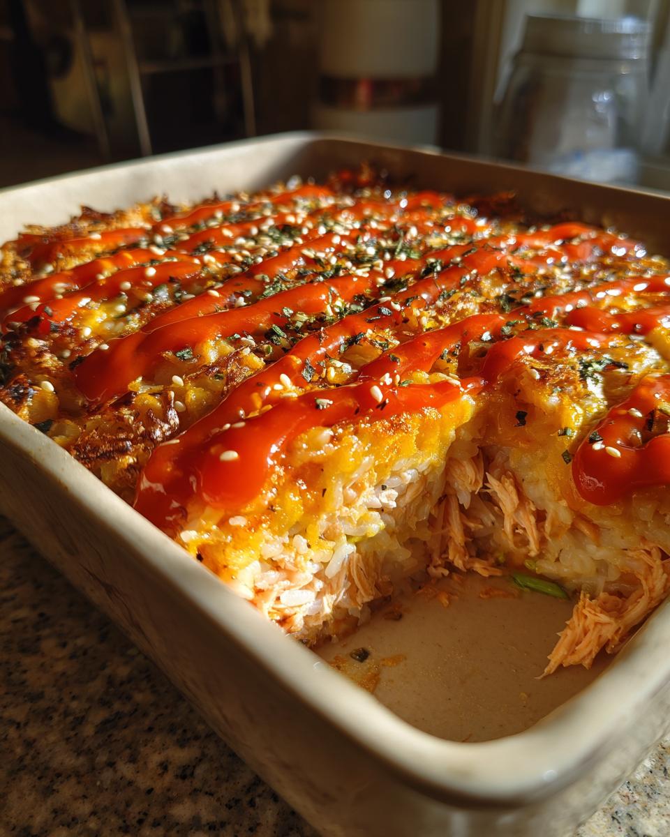 Close-up of a sushi bake casserole in a dish, topped with sauce, sesame seeds, and herbs.