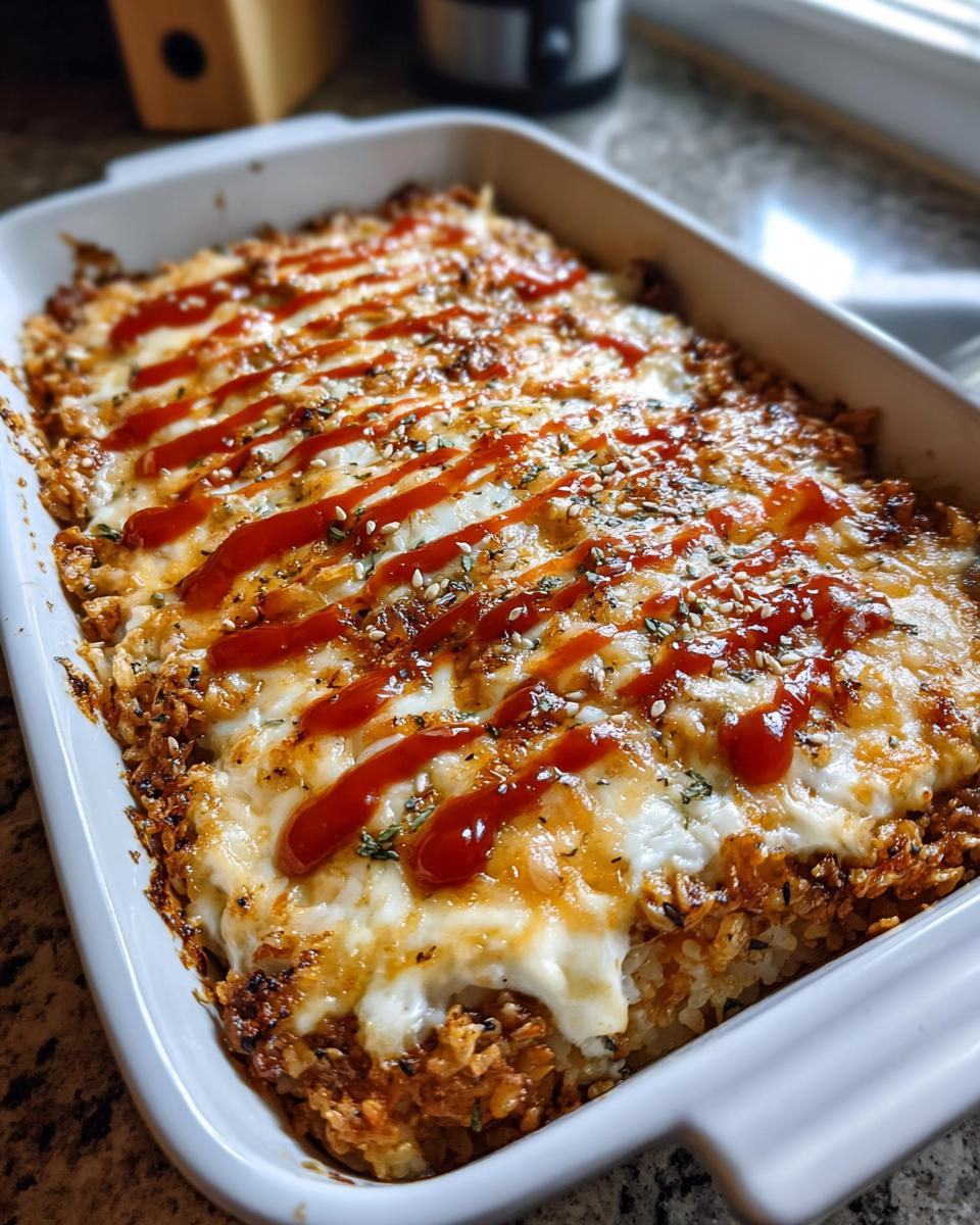 A freshly baked sushi bake casserole in a white baking dish, topped with sauce, cheese, and sesame seeds.