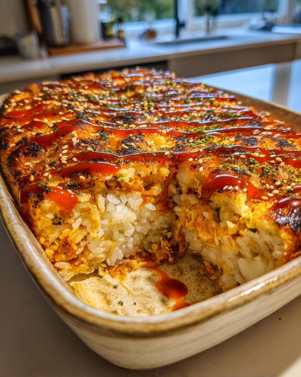 Close-up of a sushi bake casserole in a dish, showing layers of rice, filling, sauce, and toppings.