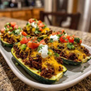 Four taco stuffed zucchini boats on a plate, topped with cheese, tomatoes, sour cream, and cilantro.