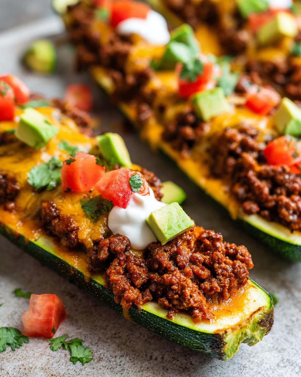 Close-up of taco stuffed zucchini boats topped with cheese, avocado, tomato, and sour cream.