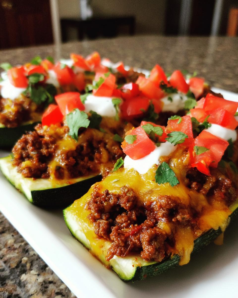 Close-up of taco stuffed zucchini boats topped with cheese, tomatoes, sour cream, and cilantro.