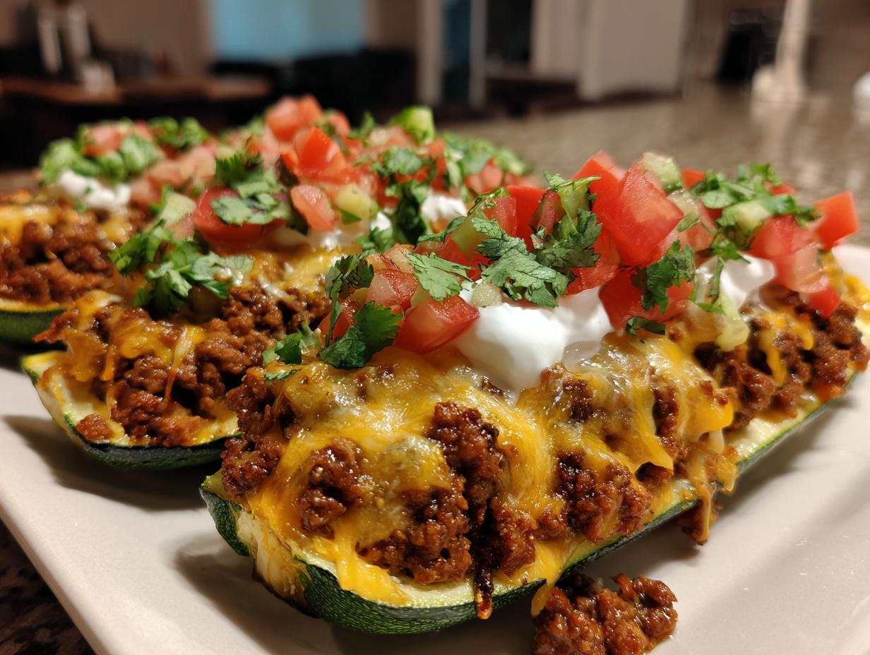 Delicious taco stuffed zucchini boats topped with cheese, sour cream, tomatoes, and cilantro.