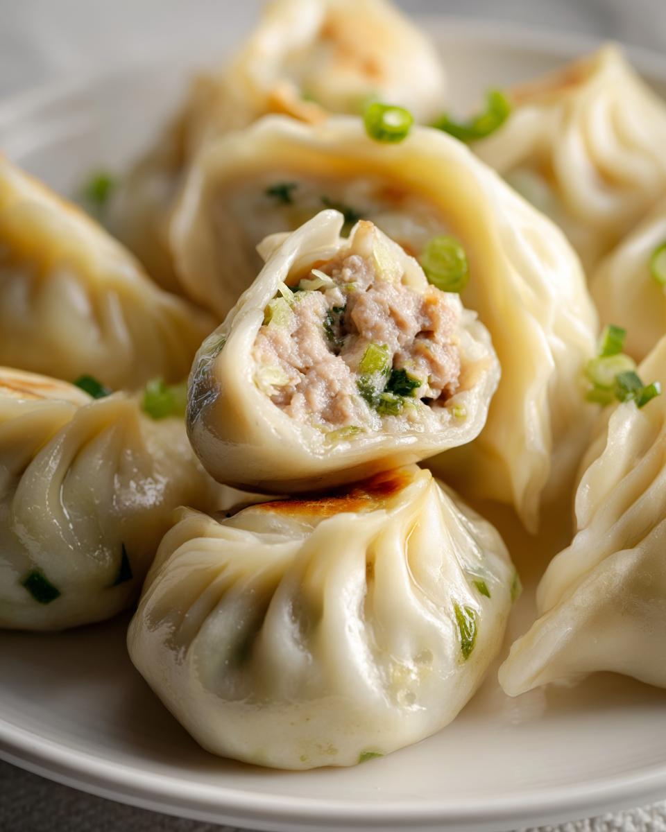 Close-up of Traditional Chinese Dumplings, one cut open to show the savory filling, garnished with green onions.