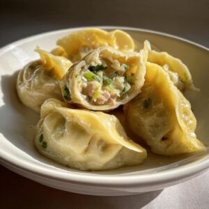 A bowl of savory Traditional Chinese Dumplings, one cut open to reveal the flavorful filling.