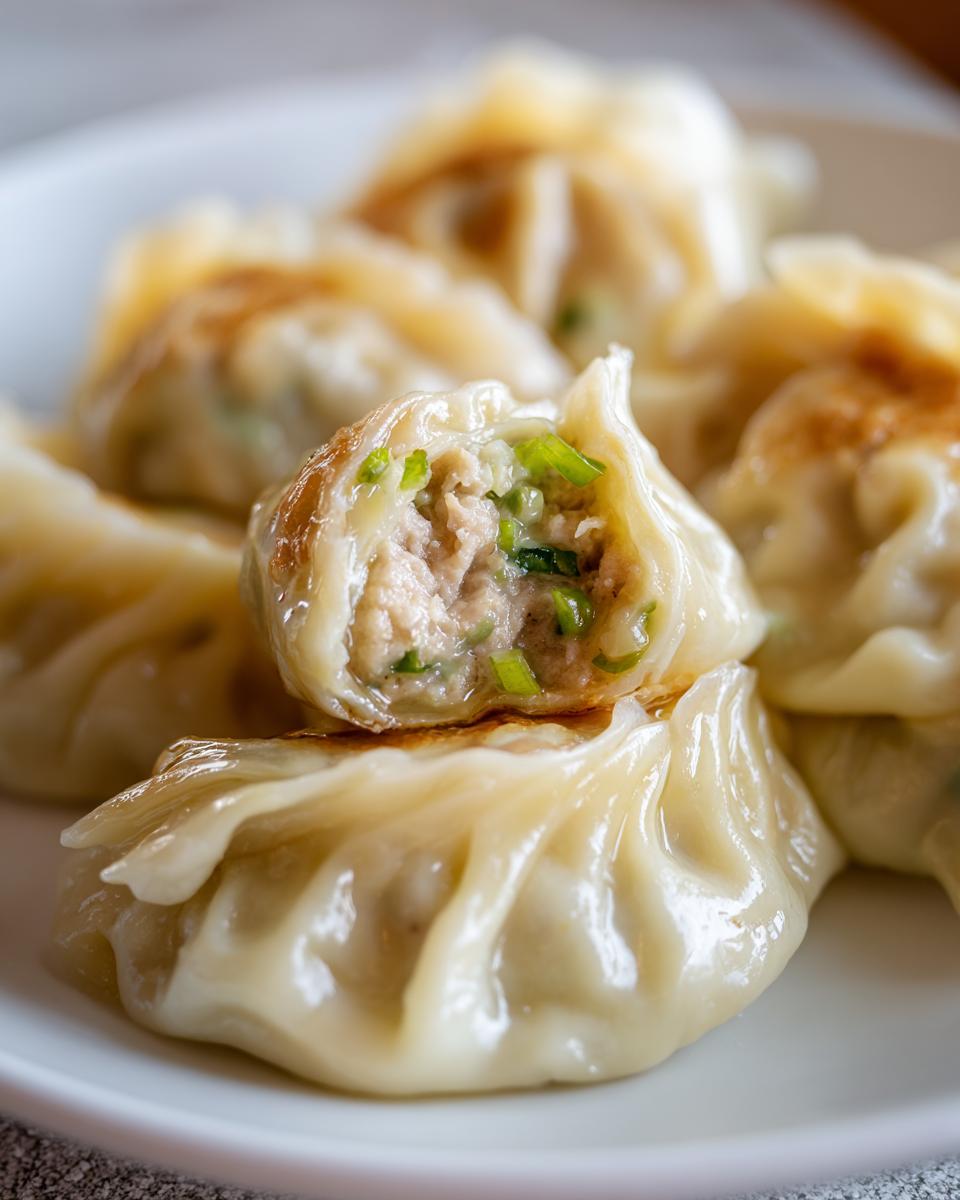 Close-up of Traditional Chinese Dumplings on a plate, one dumpling is cut open to show the filling.