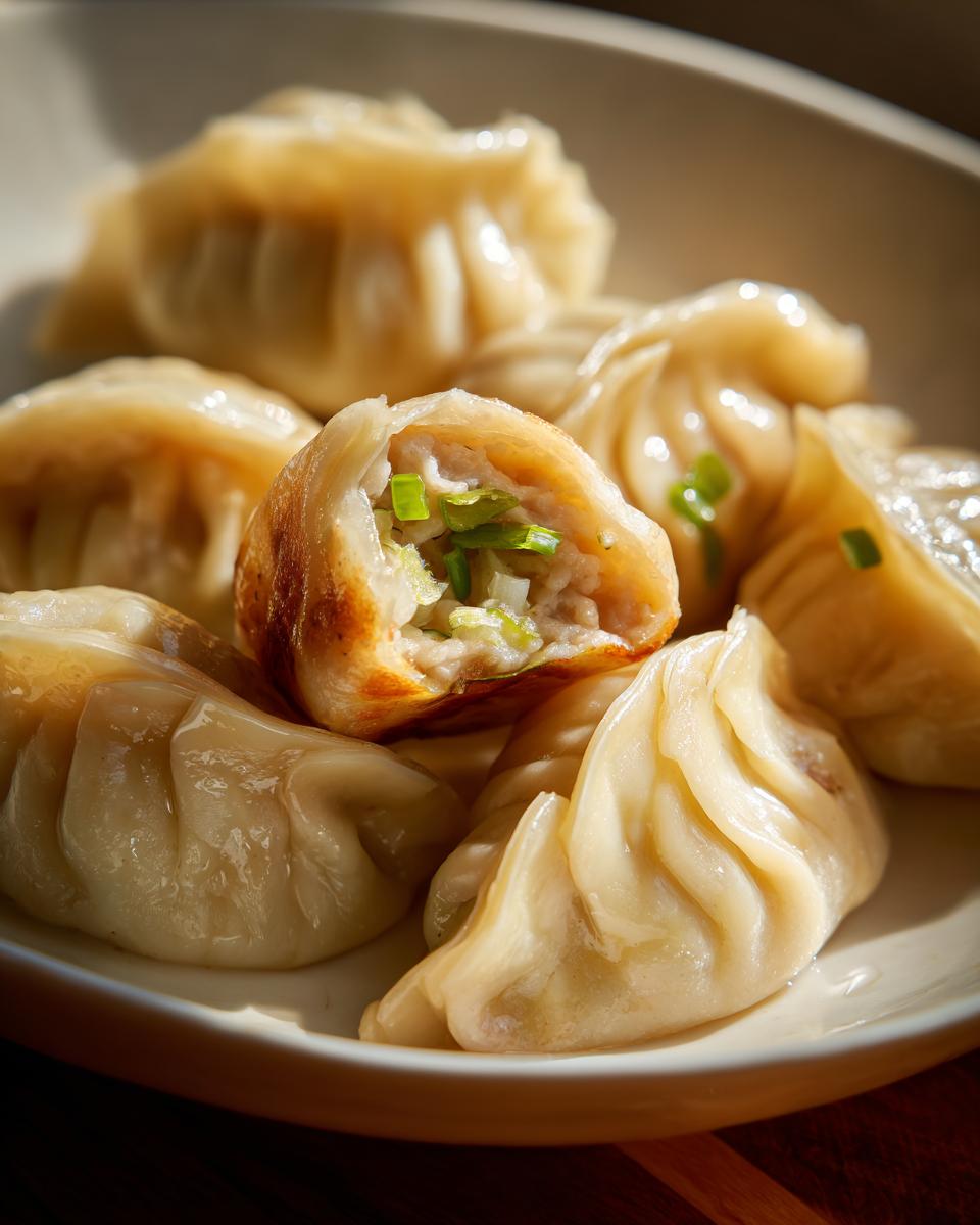 Close-up of a plate of Traditional Chinese Dumplings, one with a bite taken out to show the filling.
