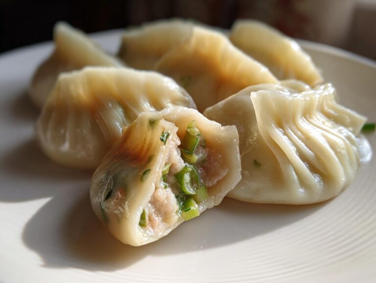 Close-up of Traditional Chinese Dumplings on a white plate, one dumpling cut open to show the filling.