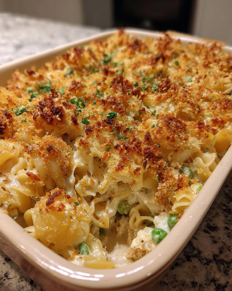 Delicious tuna casserole with a golden-brown breadcrumb topping, pasta, peas, and creamy sauce.