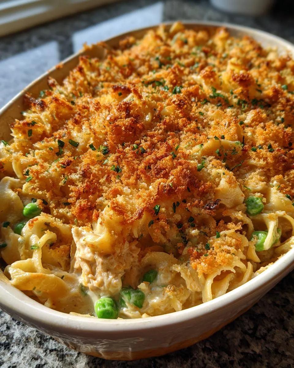 Close-up of a creamy Tuna Casserole with a golden breadcrumb topping and peas in a baking dish.