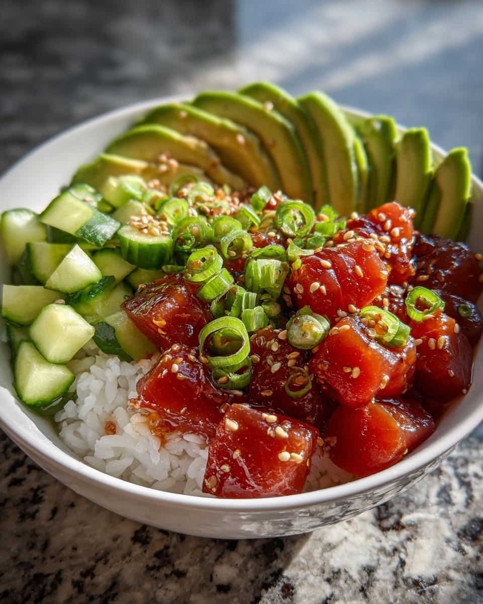 A vibrant Tuna Poke Bowl featuring fresh tuna, avocado, cucumber, rice, and green onions.