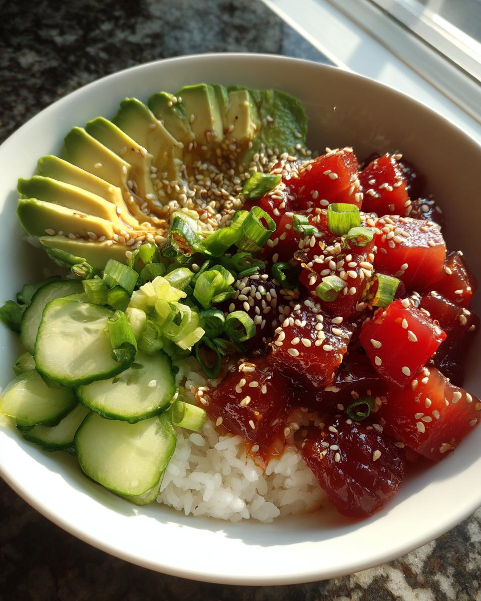 A vibrant Tuna Poke Bowl with tuna, avocado, cucumber, rice, and sesame seeds.