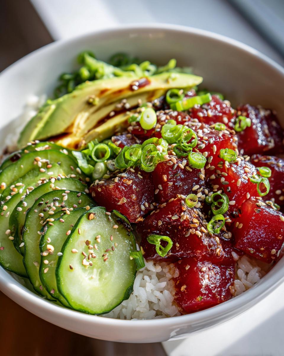A vibrant Tuna Poke Bowl with tuna, rice, avocado, cucumber, and sesame seeds.