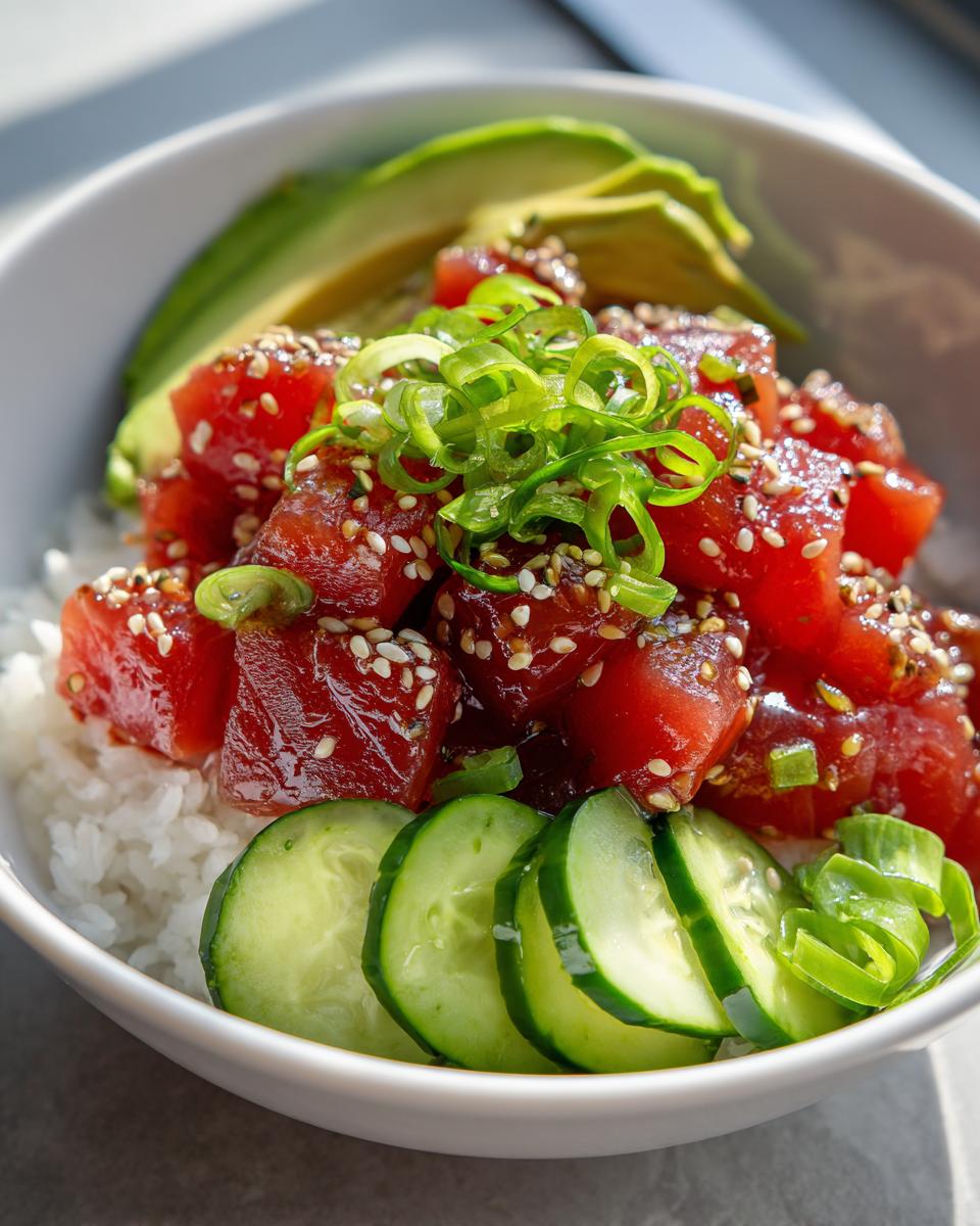A vibrant Tuna Poke Bowl featuring tuna, rice, avocado, cucumber, and sesame seeds.