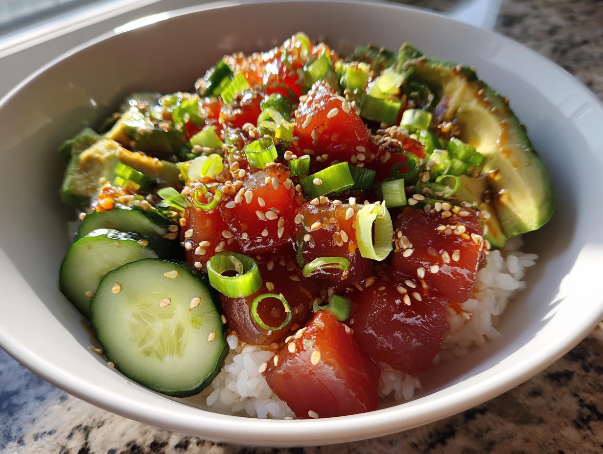 A vibrant Tuna Poke Bowl featuring tuna, rice, avocado, cucumber, and sesame seeds.