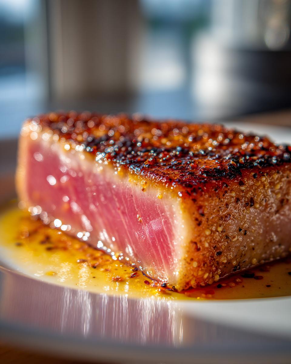 Juicy tuna steak with a delicious crust, glistening with marinade. Perfect MARINADE FOR TUNA STEAK.