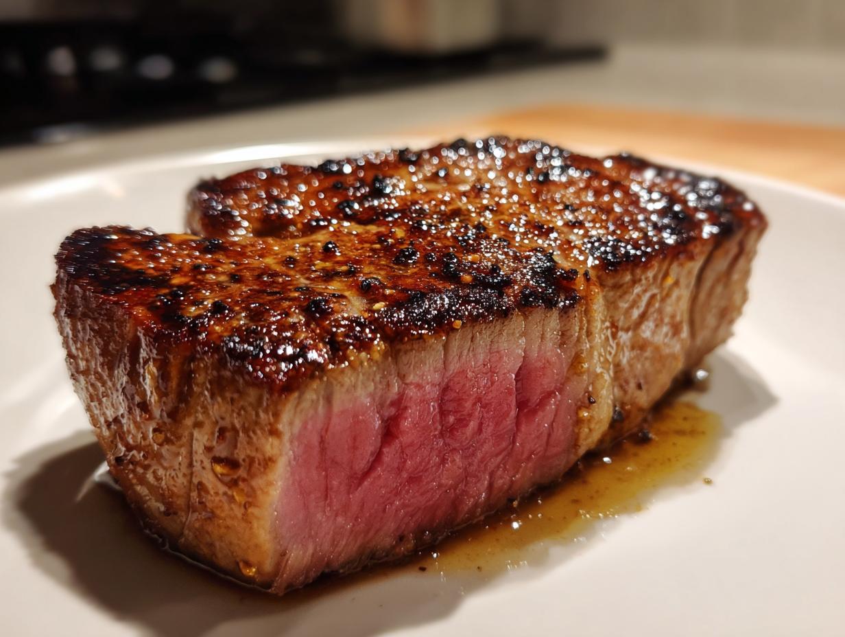Juicy tuna steak cooked to perfection with a flavorful MARINADE FOR TUNA STEAK, served on a white plate.