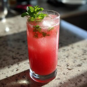 A glass of vibrant watermelon lemonade with ice and mint garnish, condensation visible on the glass.