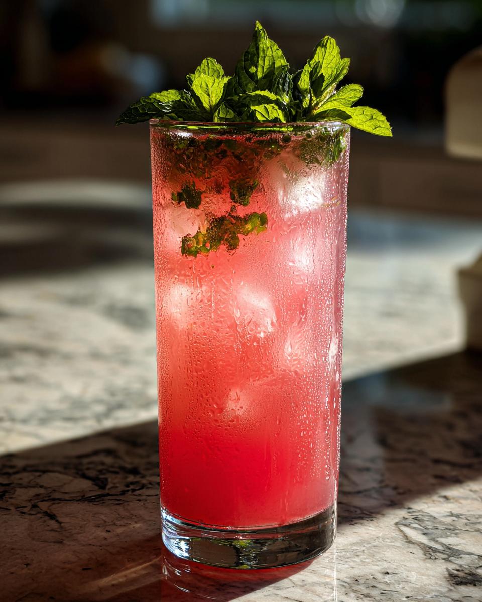 Icy glass of watermelon lemonade garnished with fresh mint leaves. A refreshing summer drink.
