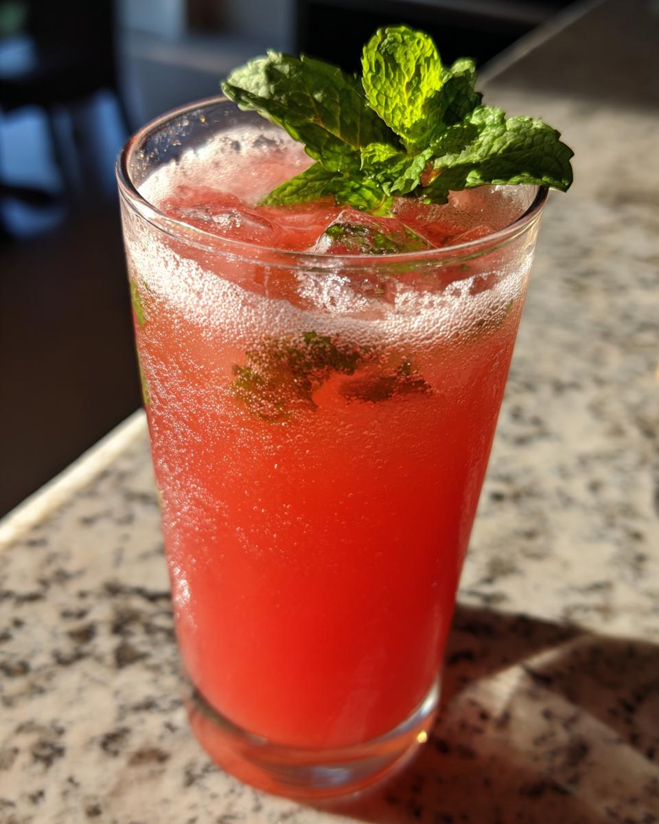 A glass of vibrant watermelon lemonade garnished with fresh mint leaves, perfect for a summer drink.