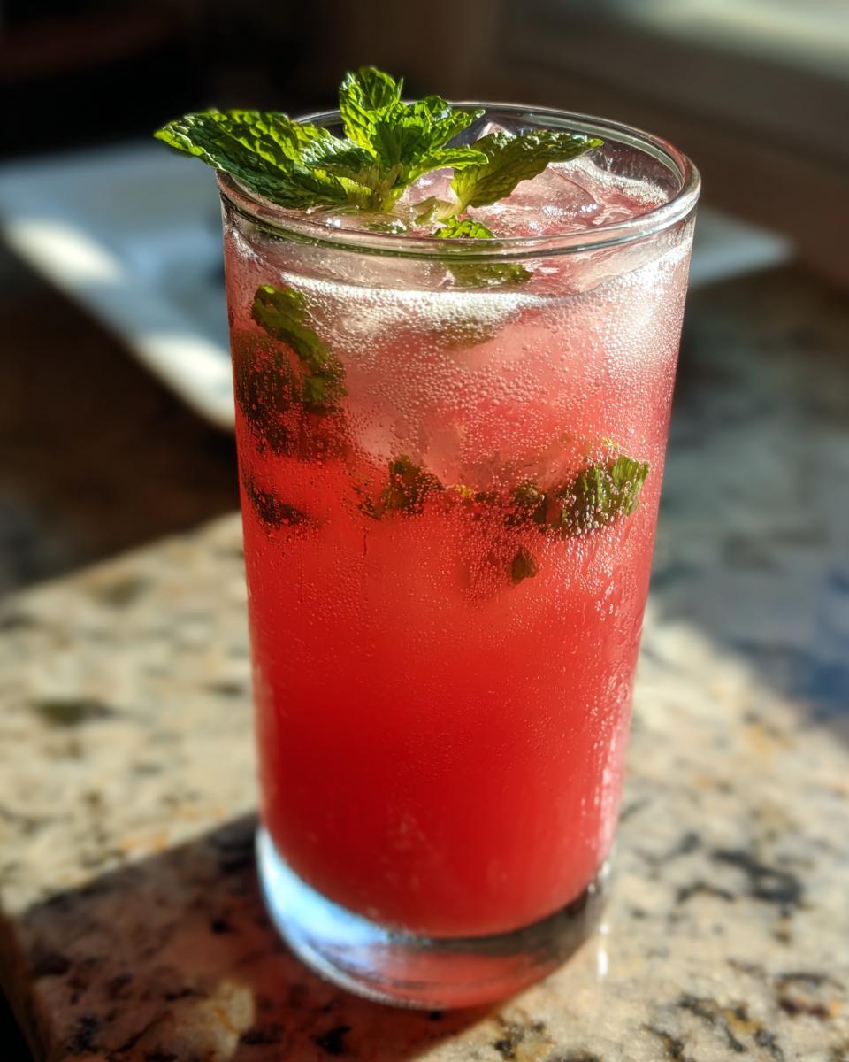 A glass of vibrant watermelon lemonade with ice and fresh mint garnish, ready to enjoy.