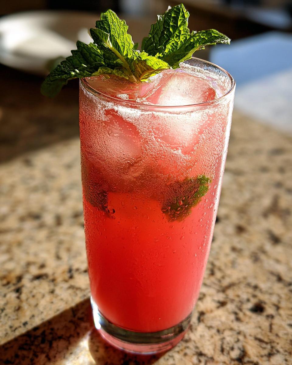 Icy cold watermelon lemonade in a glass, garnished with fresh mint leaves. Ready to enjoy!