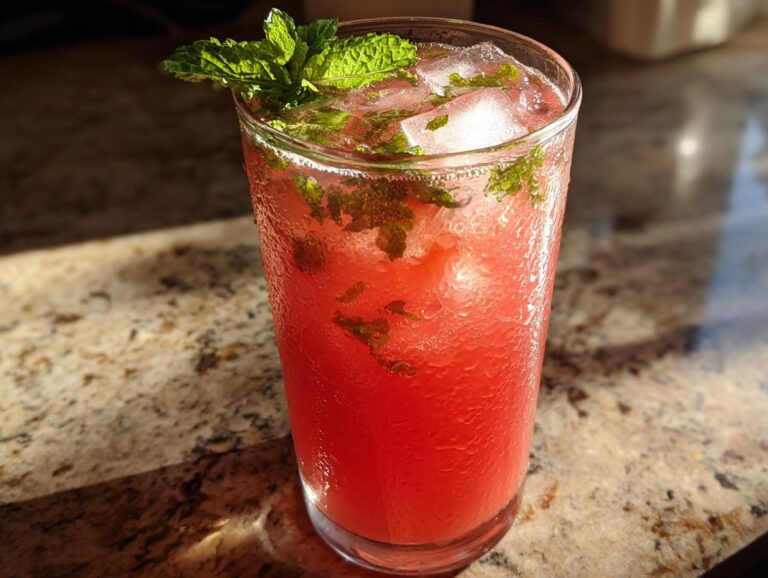 A glass of vibrant watermelon lemonade with ice and fresh mint garnish.