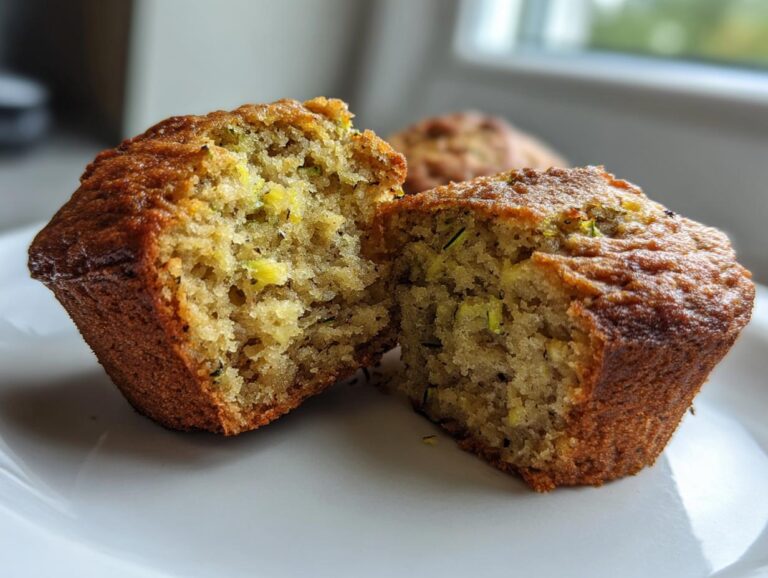 Close-up of a zucchini banana muffin cut in half, showing the moist texture and zucchini pieces.