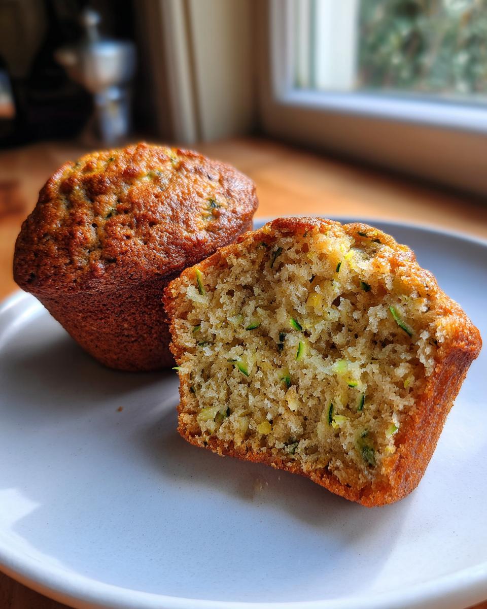 Two zucchini banana muffins on a plate, one cut in half to show the moist interior with visible zucchini pieces.