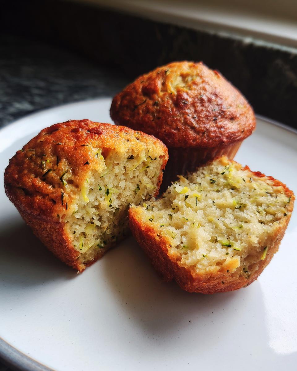 Three zucchini banana muffins on a white plate, one muffin is broken in half to show the texture.