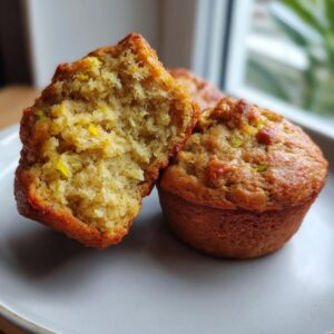 Close-up of a zucchini banana muffin, one half cut open to show the moist interior.
