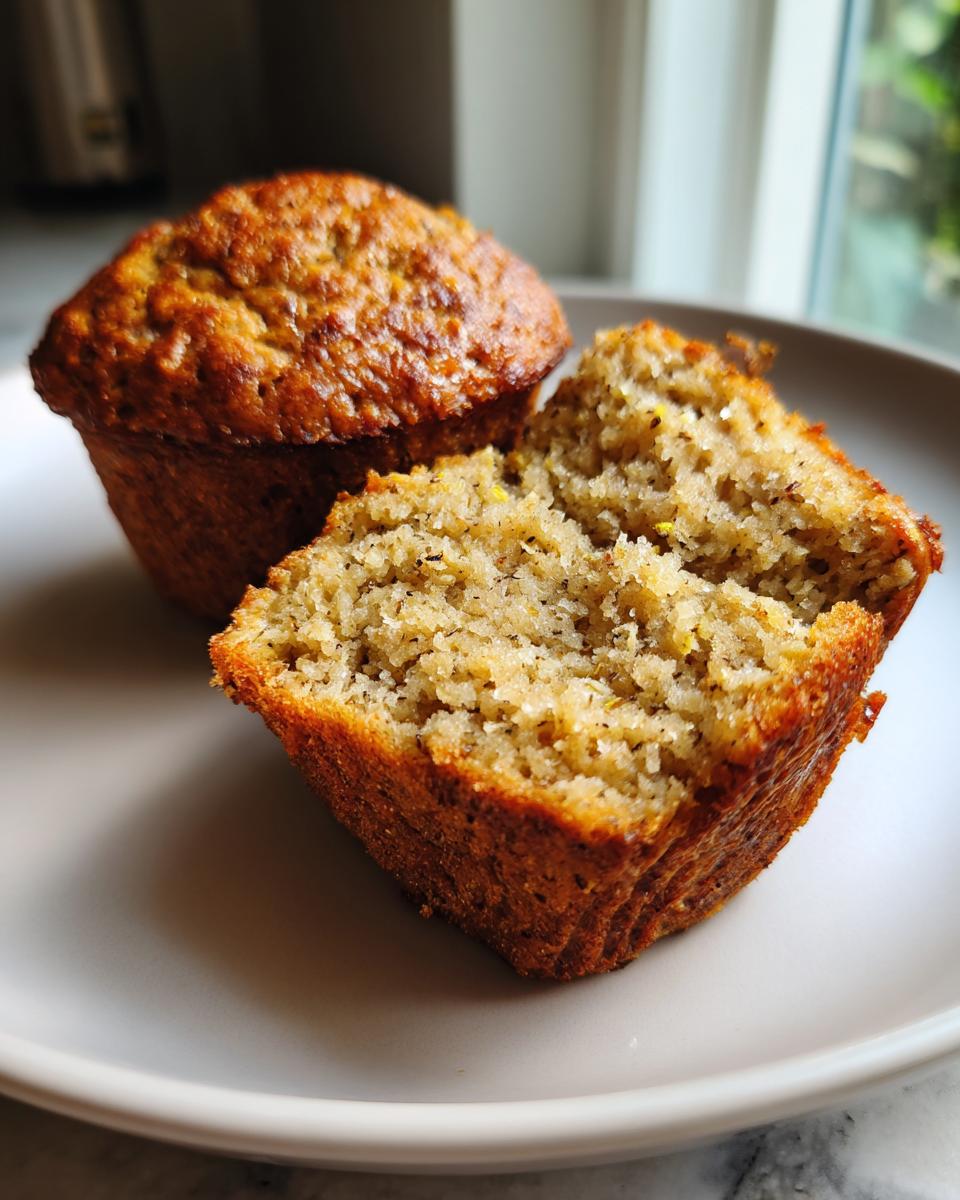 Two zucchini banana muffins on a plate, one split open to show the moist interior.