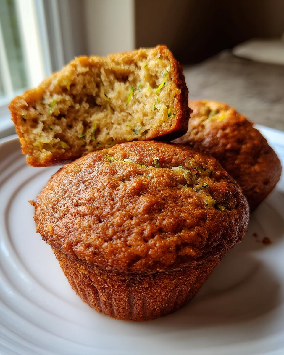 Stack of moist zucchini banana muffins on a white plate, one muffin broken in half to show the inside texture.