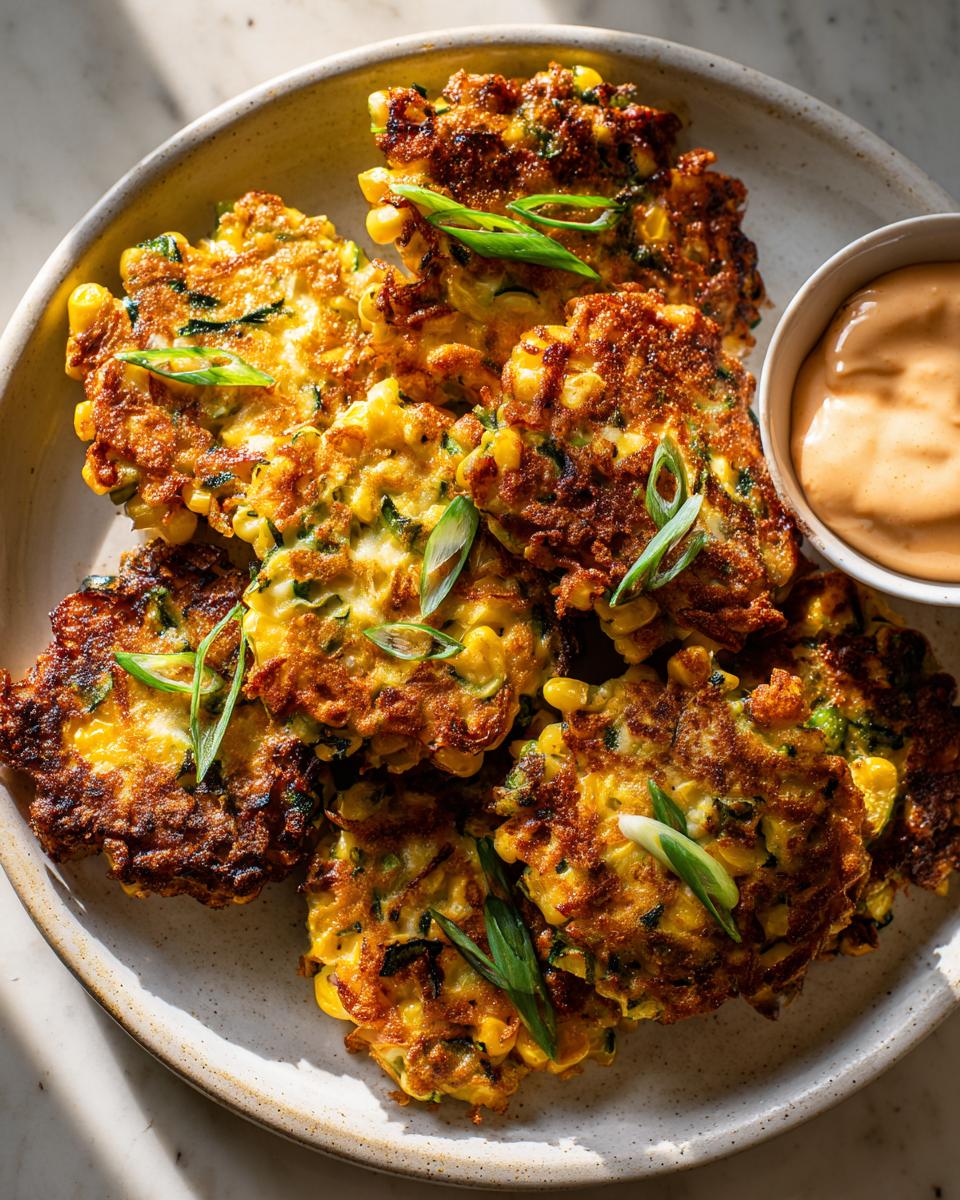A plate of golden zucchini corn fritters, garnished with green onions, served with a creamy dipping sauce.