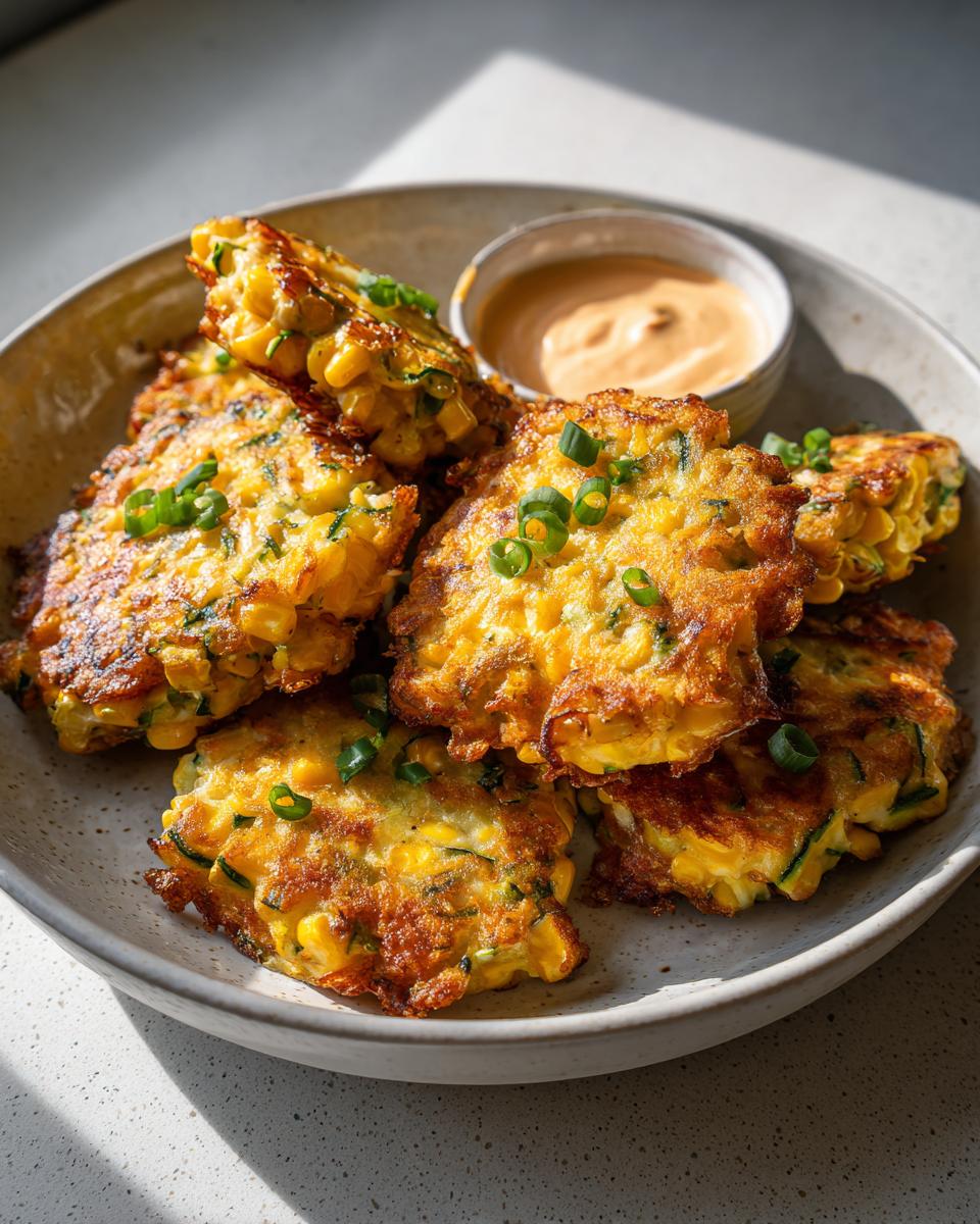 A plate of golden zucchini corn fritters, garnished with green onions, served with a creamy dipping sauce.